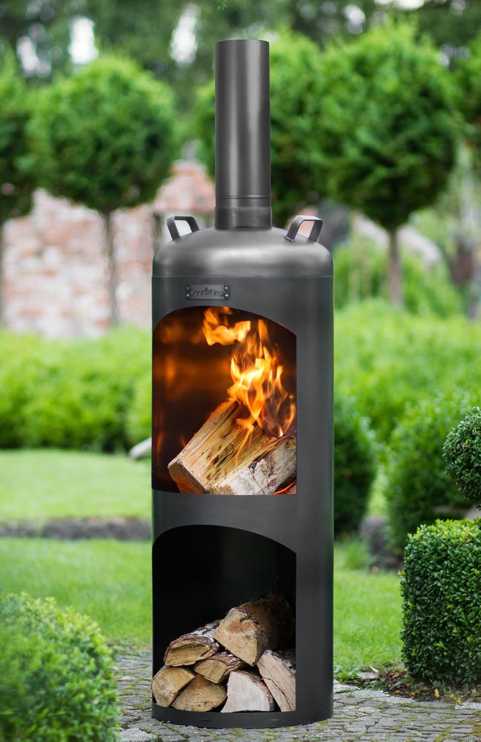 BENE ON FIRE Gartenofen Massachusetts rund 158 cm | Outdoor Terrassenofen mit Brennkammer und Holzlager | Gartenkamin aus Stahl schwarz | Kaminofen modern | Lagerfeuer Garten