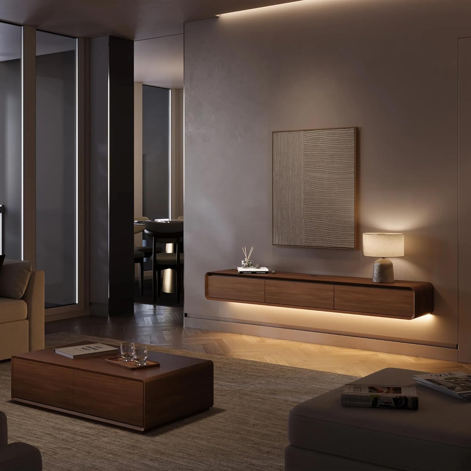 POVISON Schwebender TV-Schrank 200 cm, Moderne Walnussholz aus Massivholz mit 3 Schubladen und Lichtleiste, TV-Low-Panel-Aufhängung, Kabelmanagement, hochwertig mit Stauraum für Wohnzimmer