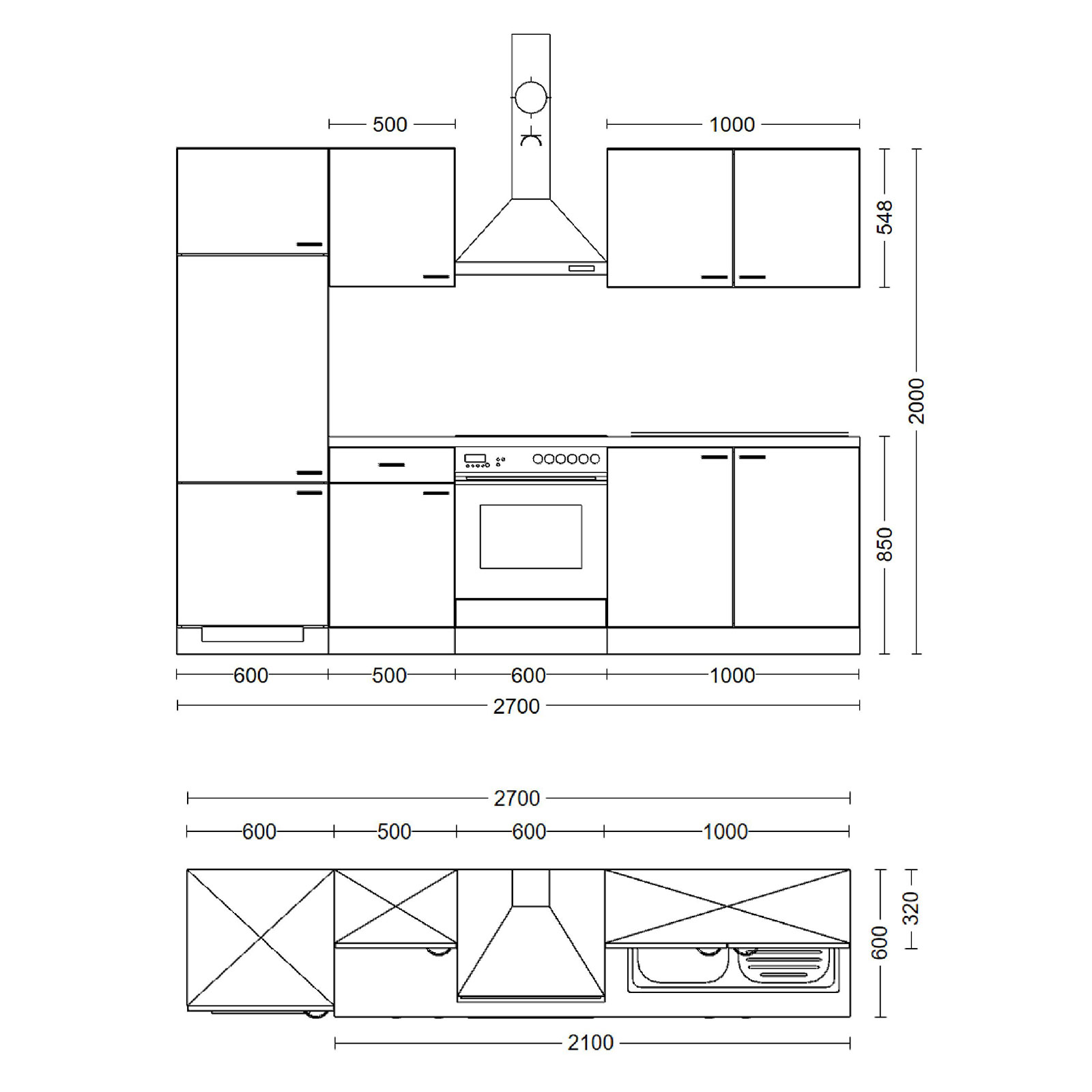 Küchenblock LUCCA - weiß - mit E-Geräten - 270 cm