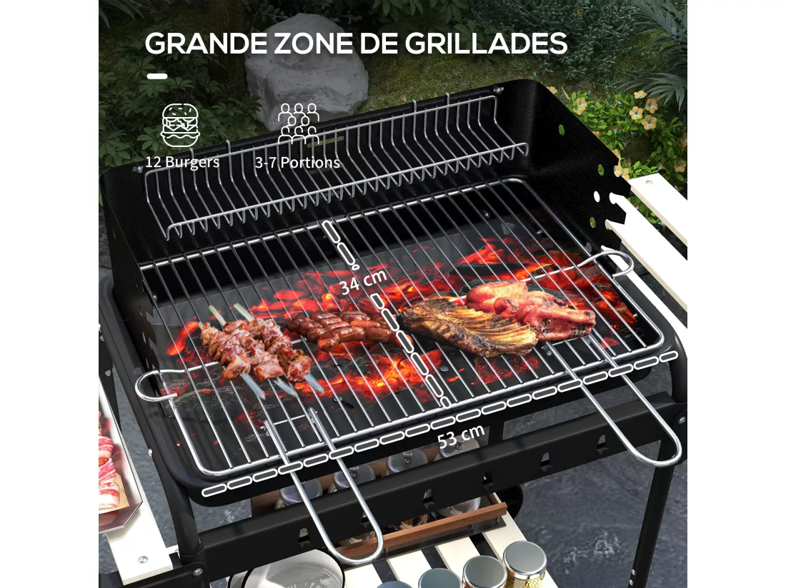 Barbecue à charbon sur pied grille réglable 2 roues 3 étagères récupérateur de cendres noir