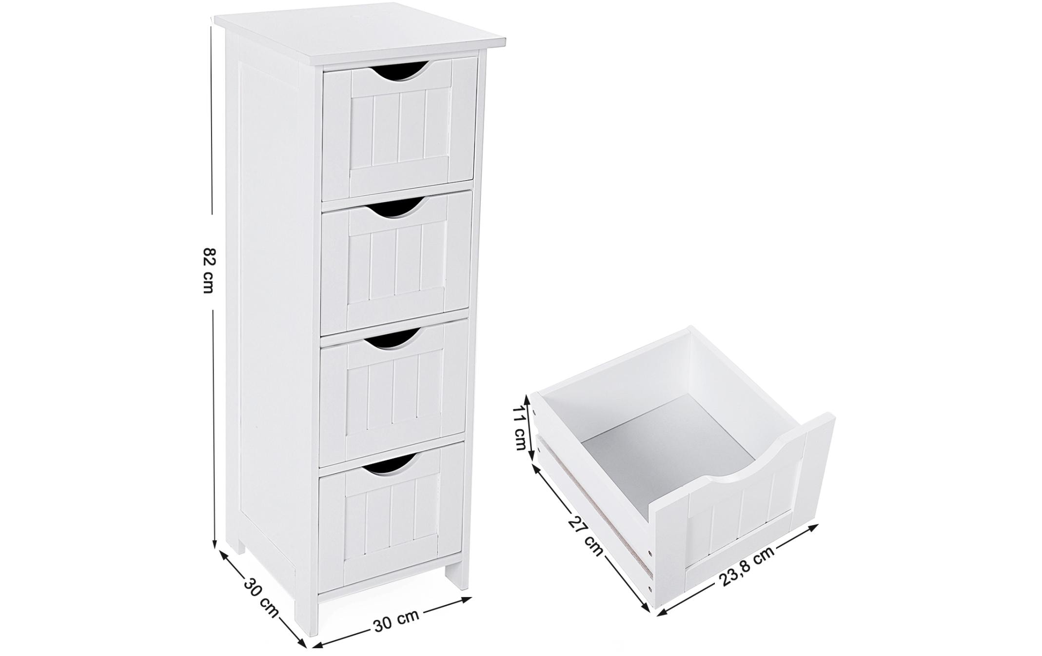 Badezimmerregal mit 4 Schubladen 30 x 82 cm, WeissBeistellschrank im Landhausstil