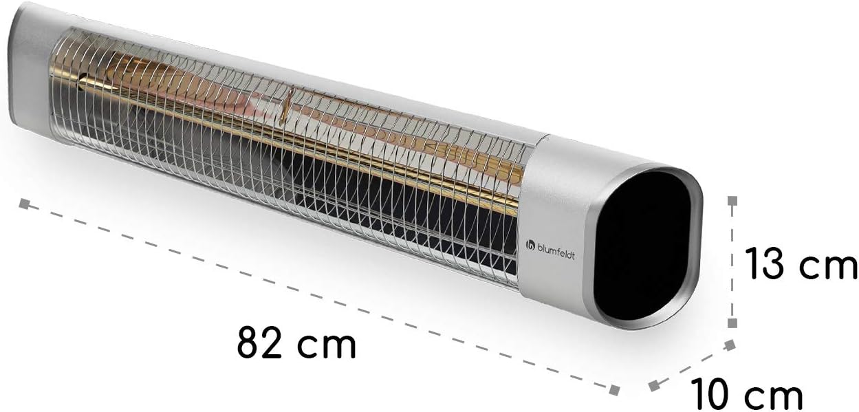 Blumfeldt Dark Wave Infrarotstrahler, Heizstrahler Terrasse, MinimalGlare Heating Tube: Goldbeschichtete Carbonröhre, 9 Heizstufen, Timer, IP65, LED-Display, Deckenheizstrahler mit 2000 W, silber