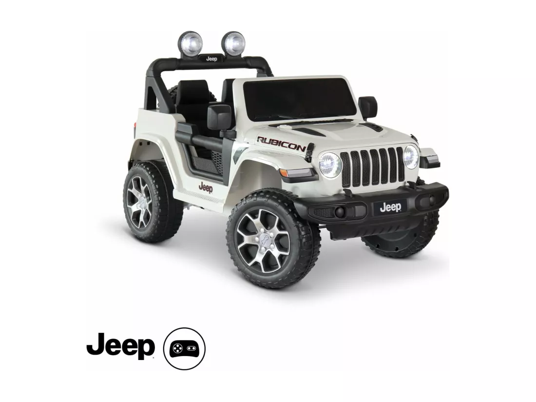Voiture électrique 12V pour enfant - JEEP Wrangler Rubicon 2 roues motrices. blanche. 1 place. avec autoradio. télécommande. MP3. port USB / carte SD. prise jack et phares fonctionnels