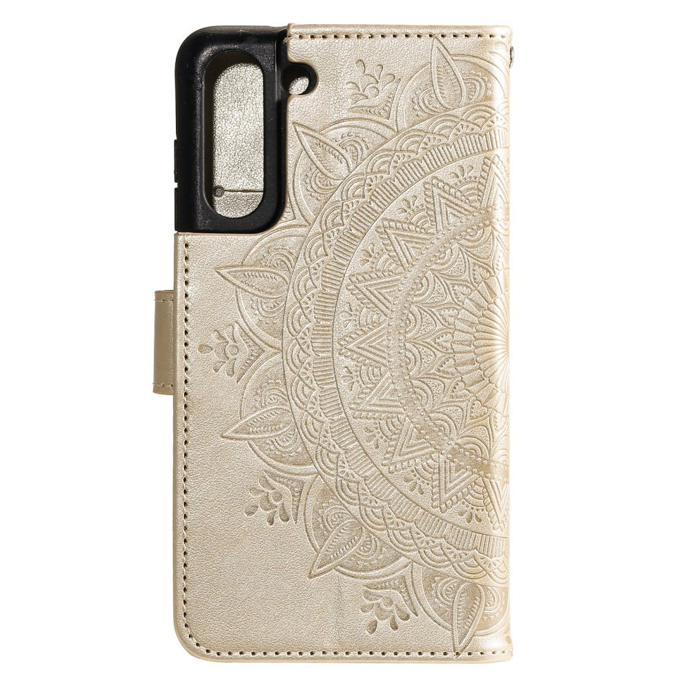 Samsung Galaxy S21 FE 5G Leder Tasche Wallet - Mandala Flowers Imprint - Gold