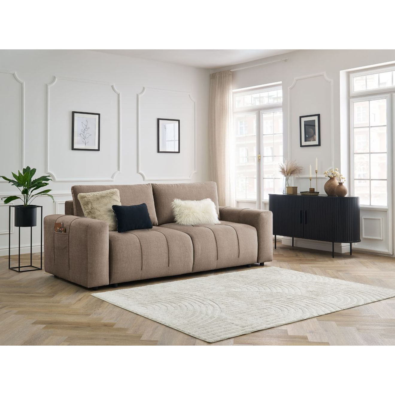 Bobochic Canapé droit convertible en Velours 3 places Arsène avec coffre taupe - 248x105x90 cm
