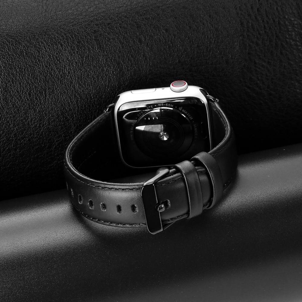 Apple Watch (42/41/40/38 mm) Ersatz Echtleder Armband (Gelenkumfang 155-215 mm) - Schwarz