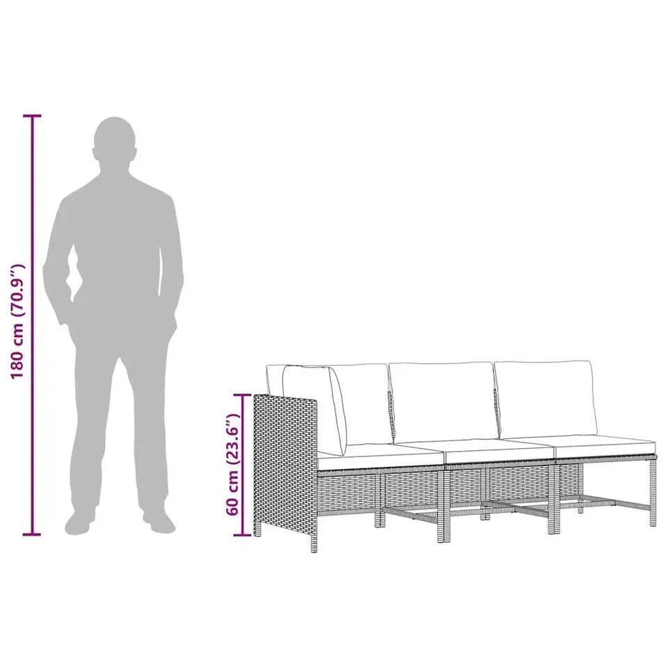 vidaXL - Loungeset - Grijs - Poly rattan - 3 stuks - Met kussens