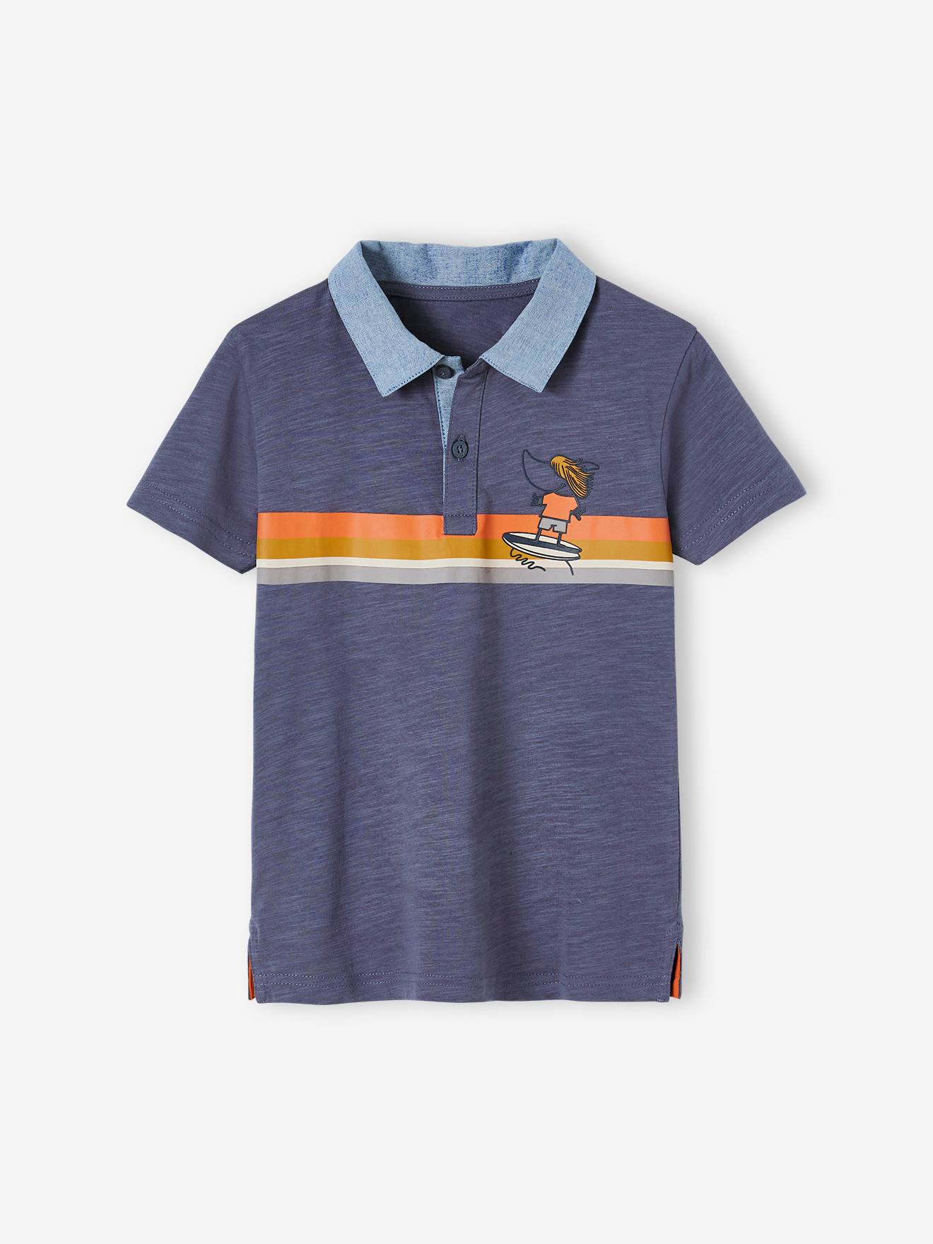 Camisa polo listrada com detalhes em chambray para meninos, azul ardósia