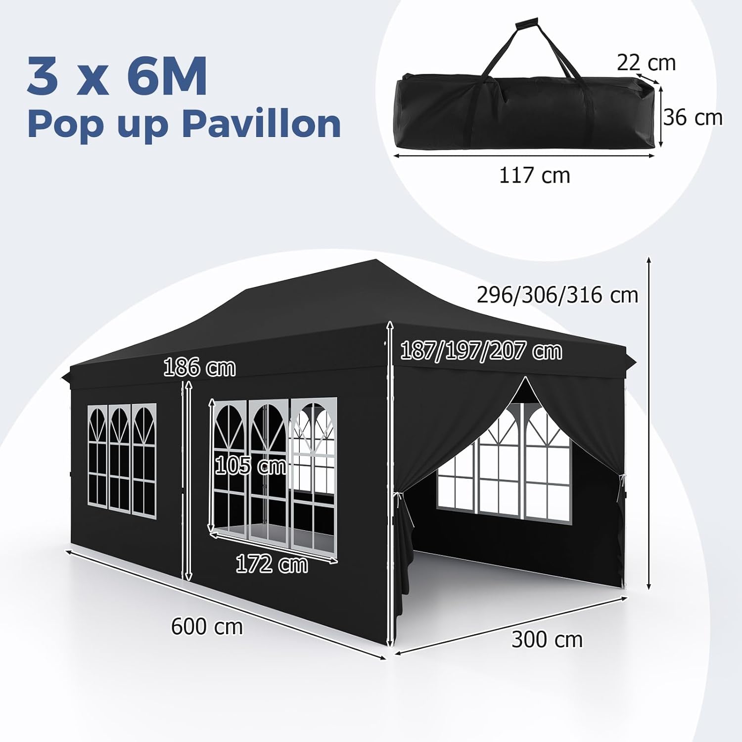 COSTWAY Pavillon 3x6m, Faltpavillon mit 6 Seitenwänden & 6 Sandsäcke, Gartenpavillon Wasserdicht Stabil Winterfest, UV Schutz 50+, Partyzelt mit Tragetasche für Garten Hausparty Hochzeiten (Schwarz)