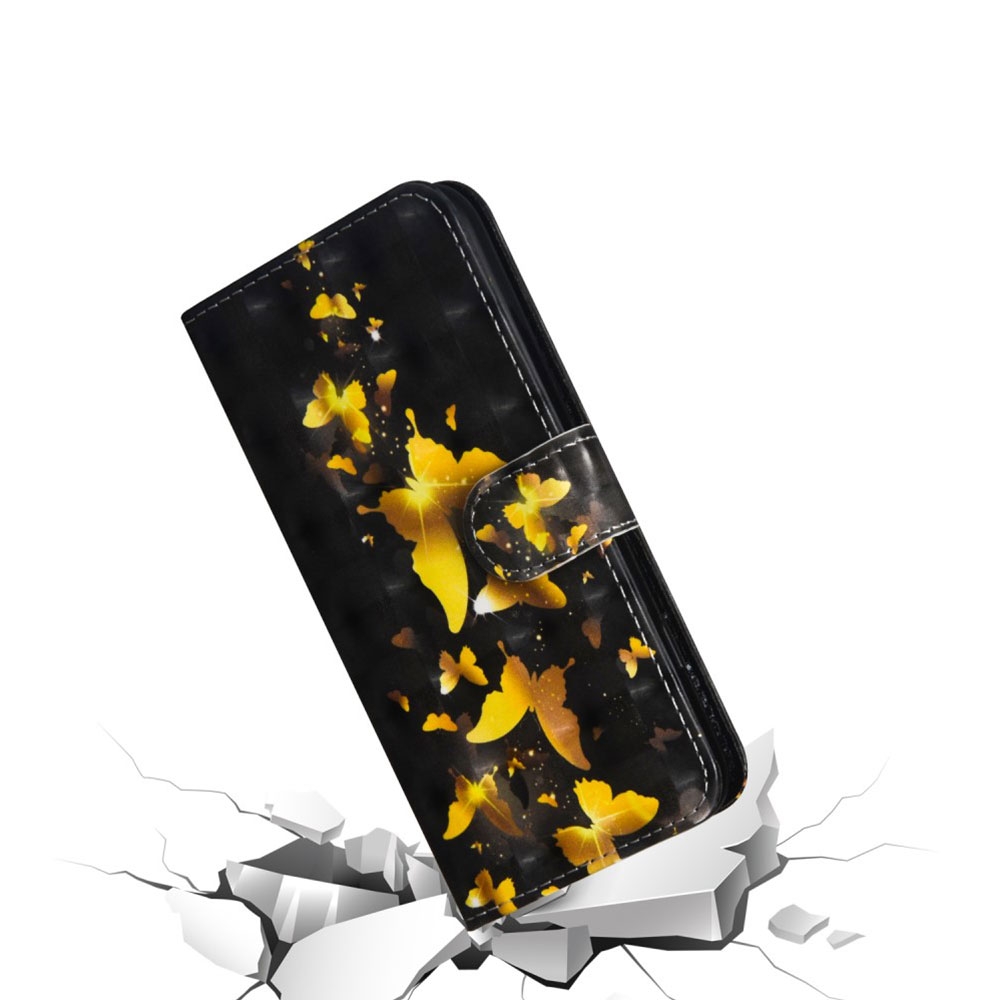 iPhone 12 / iPhone 12 Pro Leder Tasche mit Kartenfach   Handschlaufe - Schmetterling (Schwarz / Gold)