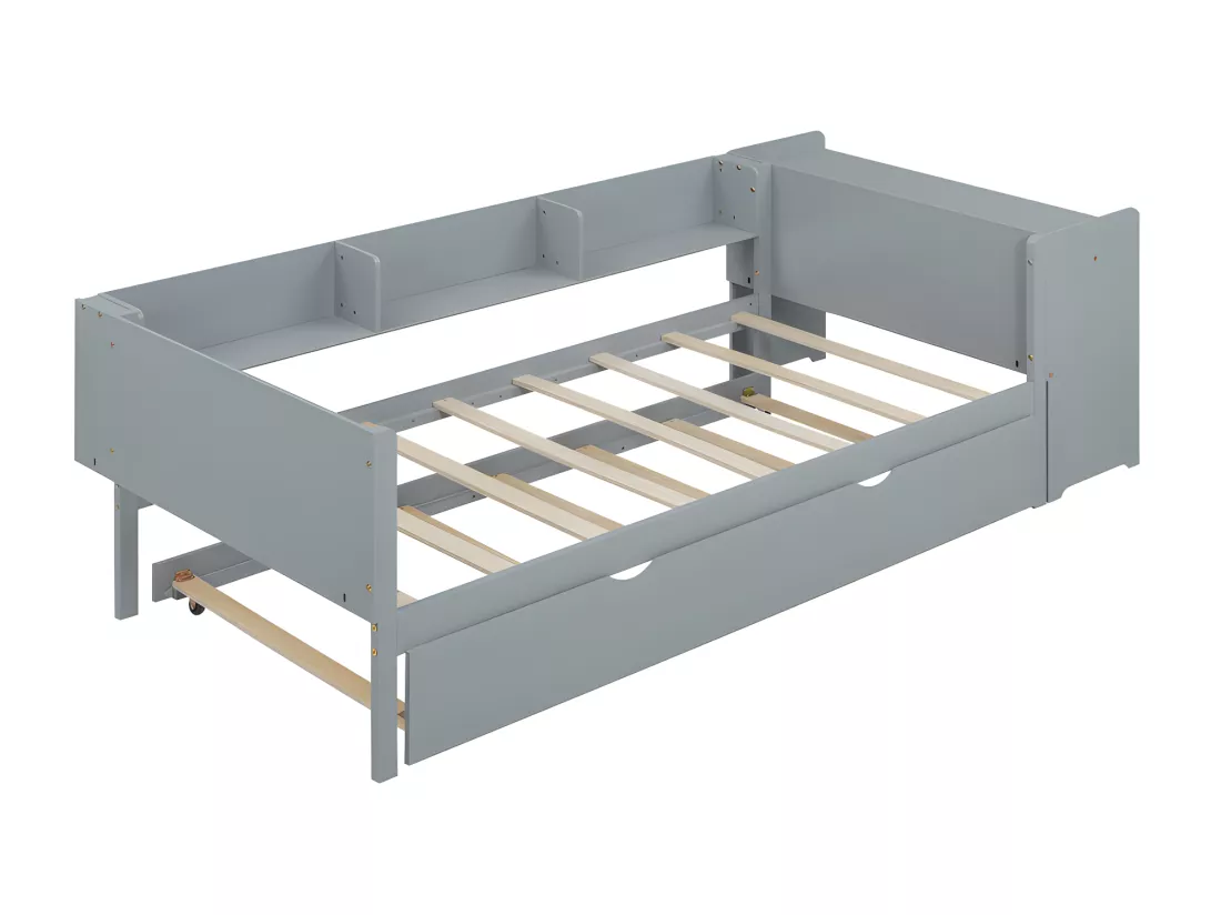 Lit simple 90x200 cm avec un lit gigogne - avec bureau à côté - Gris