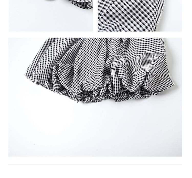 Bababy - Strapless asymmetrische crop top met effen rand / geruite mini A-lijn rok / set