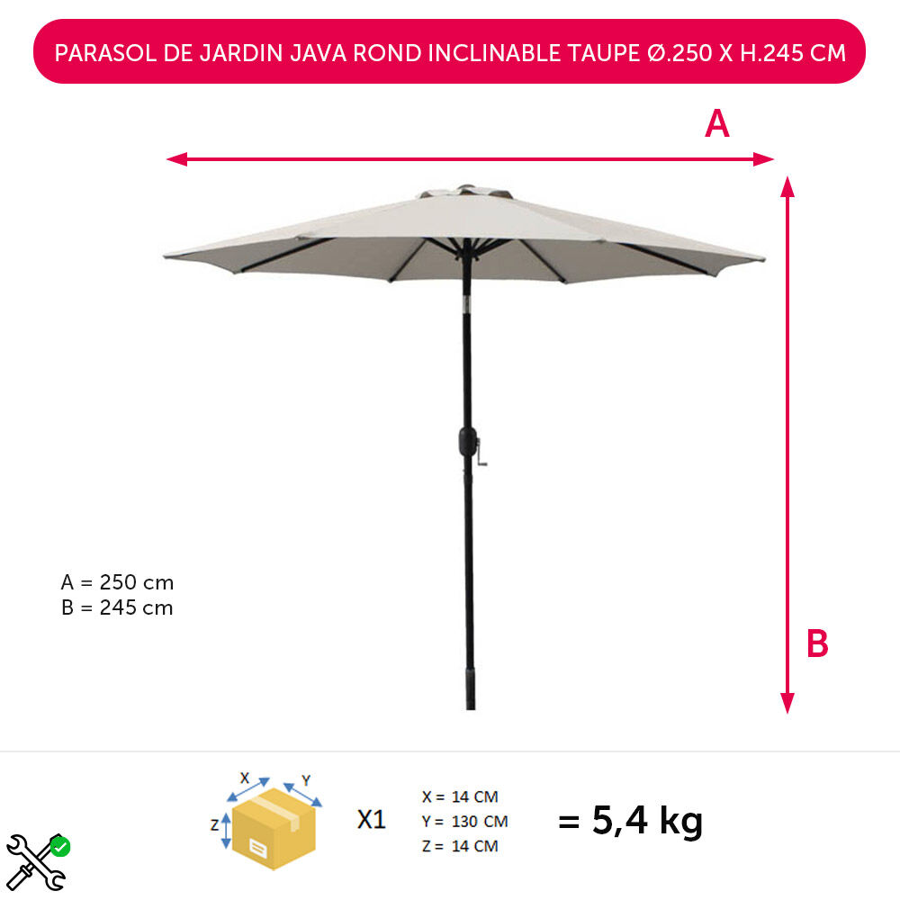 Parasol de jardin Java rond inclinable taupe Ø.250 x H.245 cm