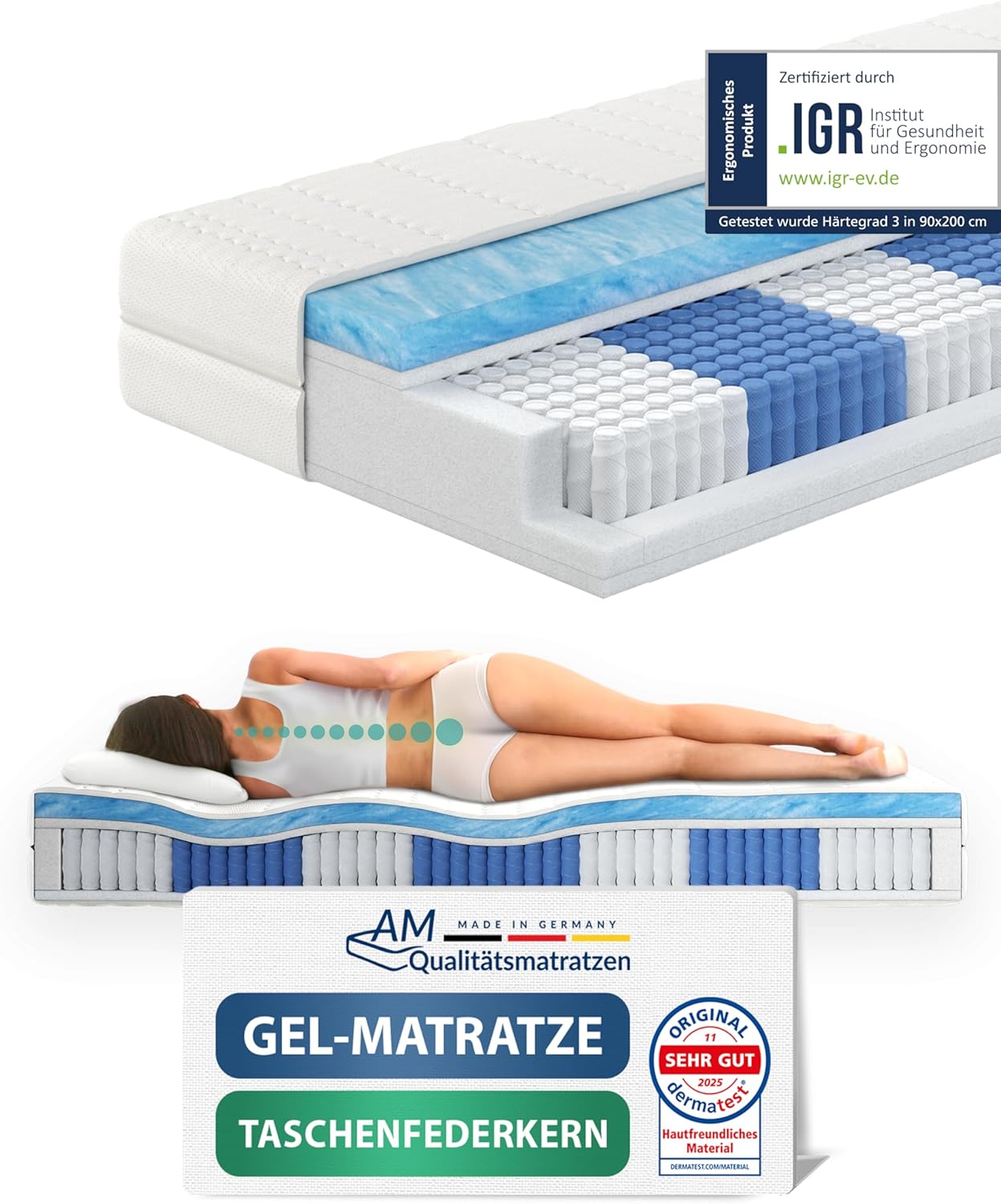 AM Qualitätsmatratzen Premium Gel-Taschenfederkernmatratze 90x200cm H3 24cm - Made in Germany & Oeko TEX Siegel - 7 Zonen Gel-Federkernmatratze 90x200 mit 1000 Federn & Lyocell Bezug