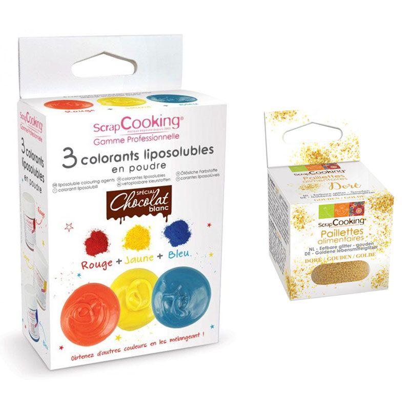 3 colorants liposolubles en poudre + paillettes dorées Scrapcooking