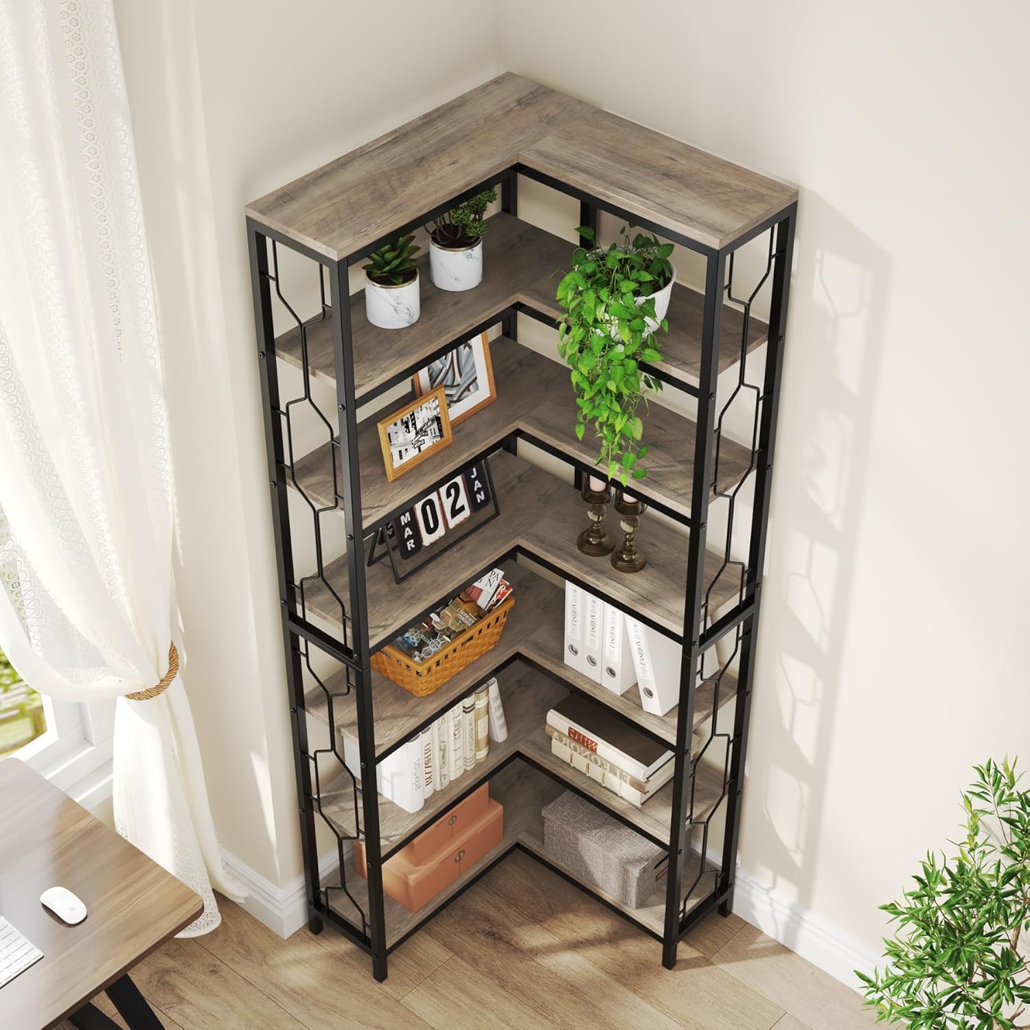 Tribesigns Eck-Bücherregal, 7-stöckiges Industrielles Eckregal, Holz und Metall Ecke Etagere Bücherregal, Freistehendes Lagerregal für Wohnzimmer, Küche, Home Office (Grau)