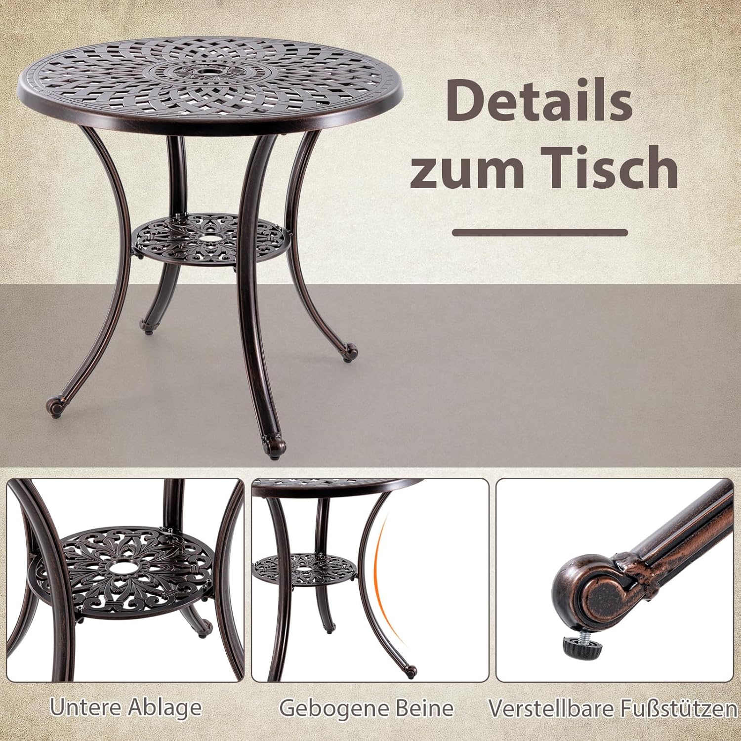 COSTWAY Gartentisch mit Schirmloch und unterer Ablage, runder Balkontisch aus Aluminiumguss, wetterfester Terrassentisch für Garten, Balkon, Terrasse, 79 x 79 x 71 cm