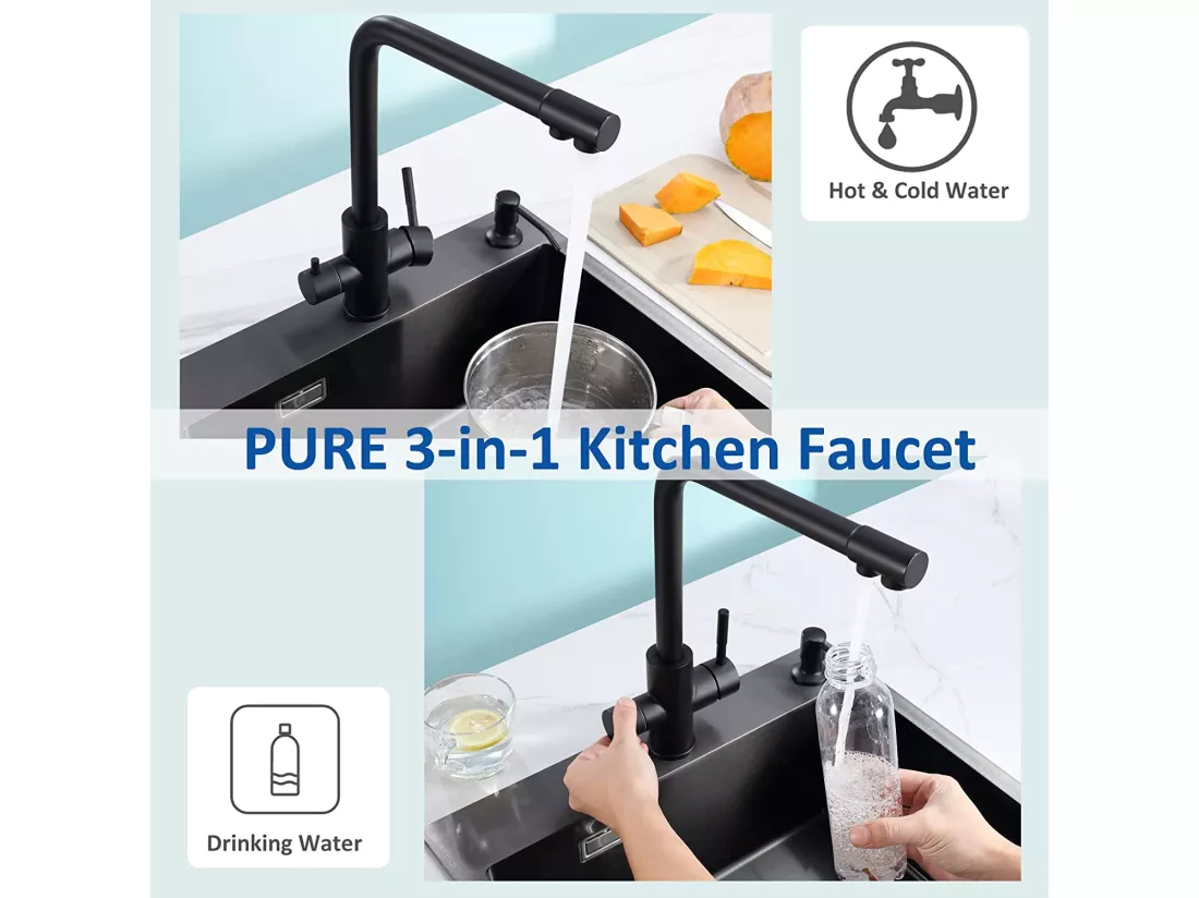 Cecipa max Noir Robinet de Cuisine à 3 Voies, 3 en 1 Mitigeur de Cuisine pour Système D'osmose + Distributeur de Savon de Cuisine Noir