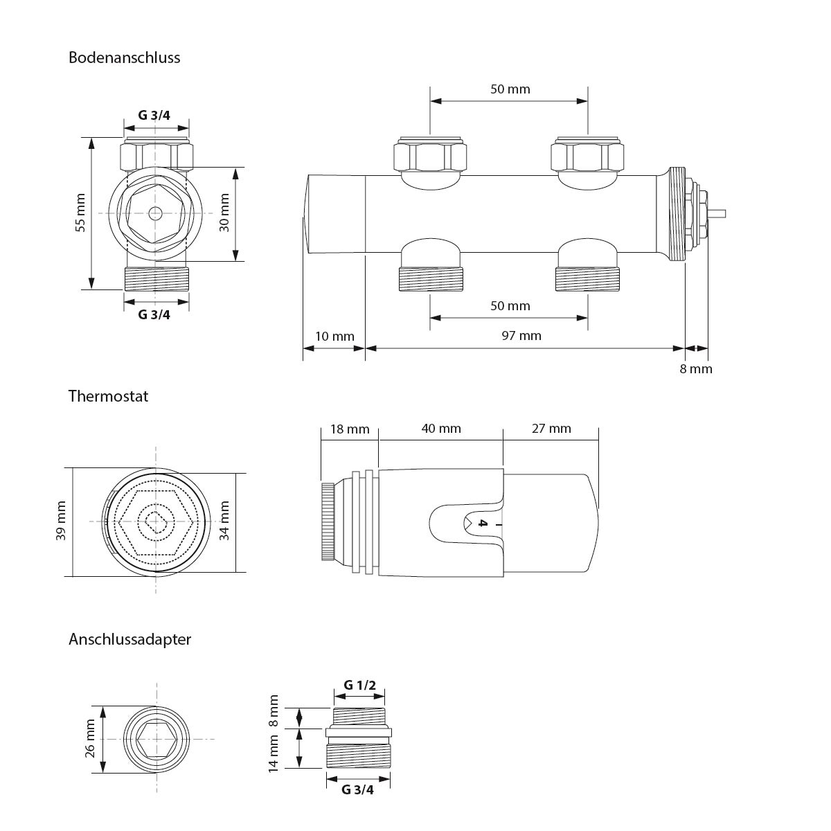 ECD Germany badkamerradiator, middenaansluiting, 600 x 1200 mm, antraciet, recht, met aansluitset inclusief thermostaat, doorloopradiator, verwarming, handdoekwarmer, handdoekdroger, handdoekradiator