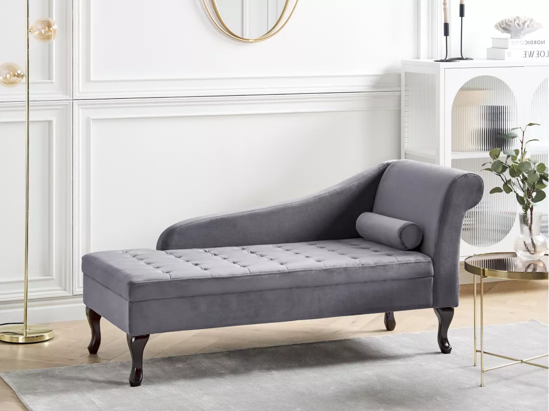 Chaise longue côté droit en velours gris foncé avec rangement PESSAC