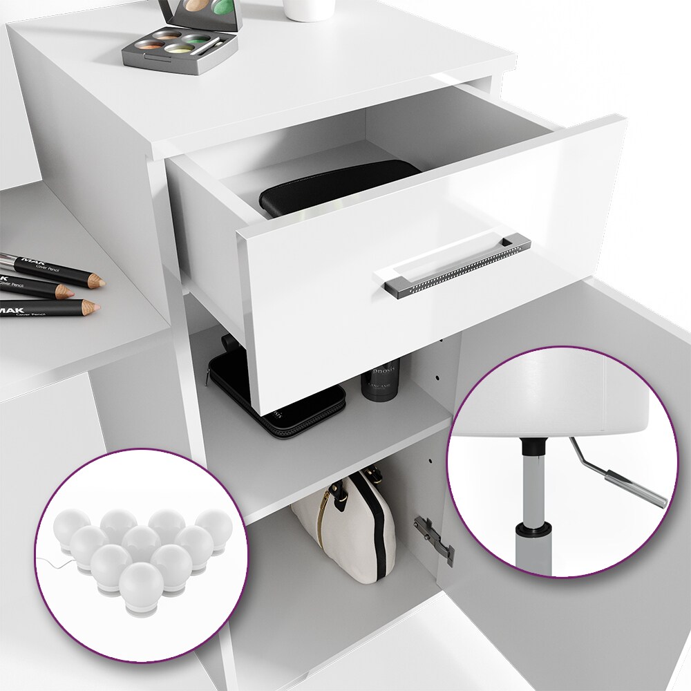 Vicco Schminktisch Zoe Frisiertisch Frisierkommode Spiegel Weiß Hochglanz inklusive Hocker und LED-Lichterkette