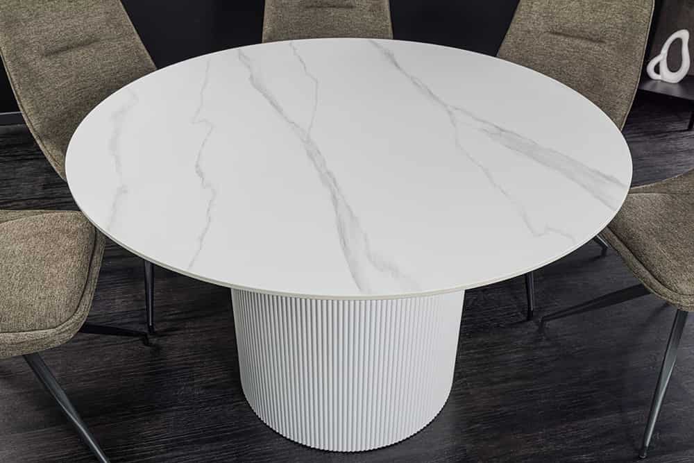 Runder Esstisch UNIQUE 120cm weiß Keramik mit Säulenfuß