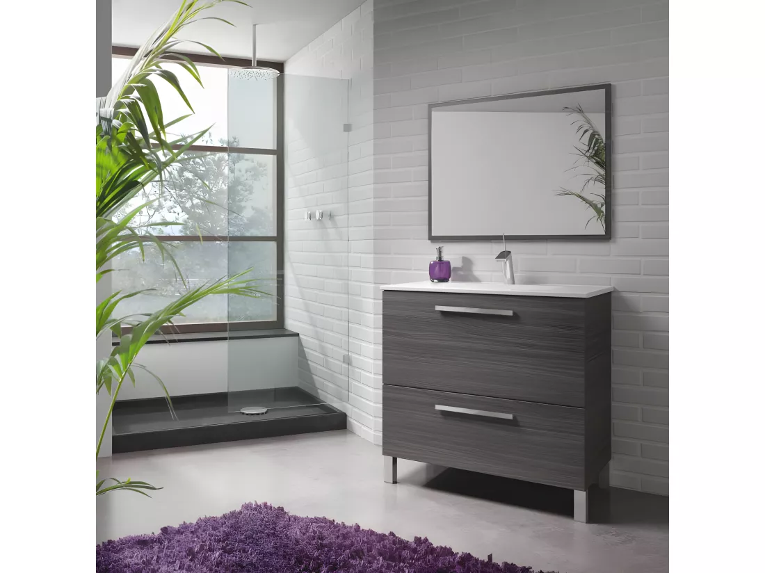 Meuble vasque 2 tiroirs 80 cm + vasque + miroir Gris Cendré - BANRU
