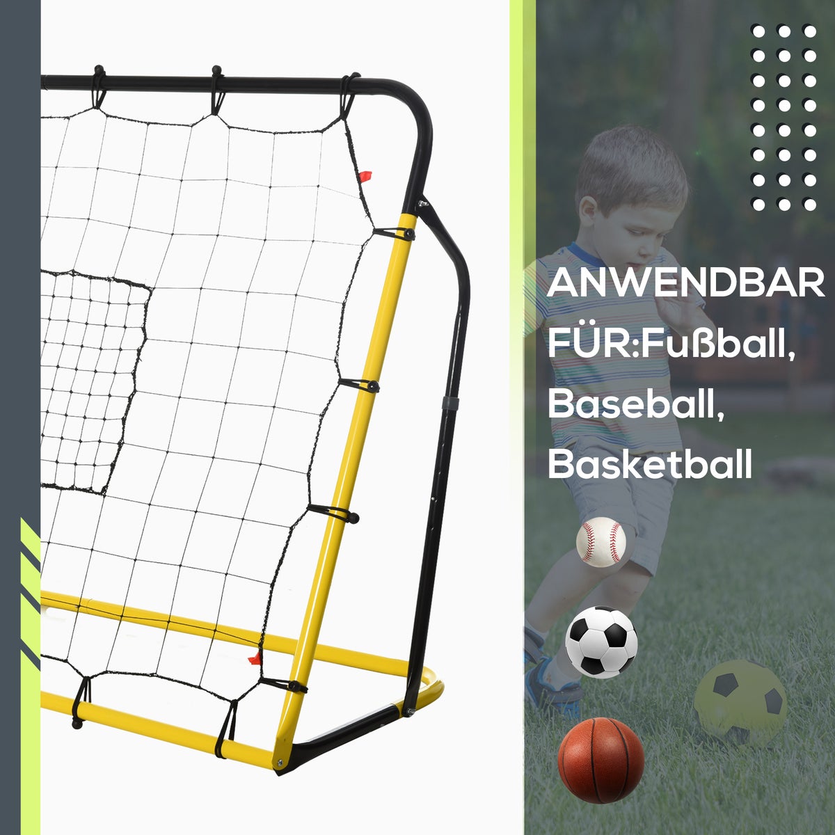HOMCOM Kickback Football Rebounder, Rebound Wall Net voor voetbal, basketbal en honkbal, 184 x 63 x 123 cm, staal + PE, geel + zwart
