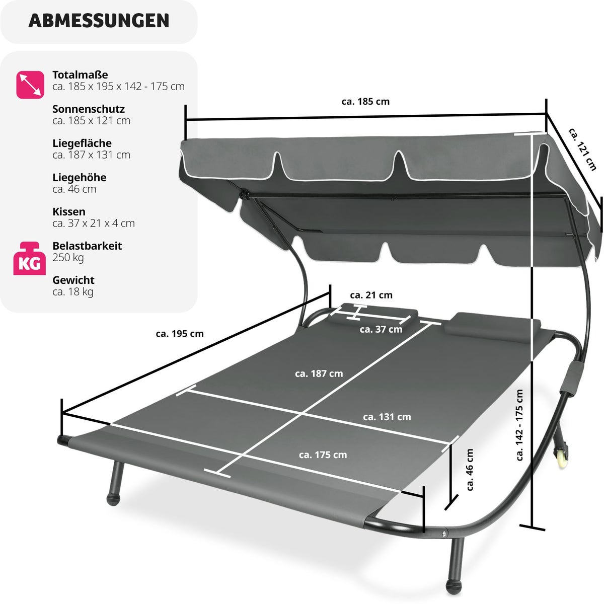 tectake Livorno tuinligstoel voor 2 personen, 215 x 183 x 150 cm