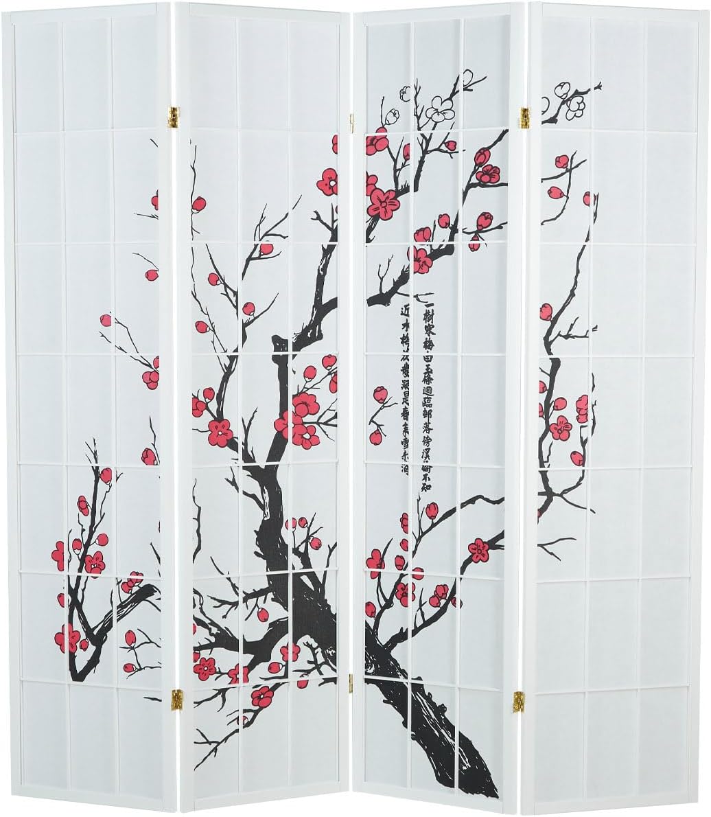 Homestyle4u Paravent 4 teilig Weiß Raumteiler Holz Shoji Reispapier Kirschblüten Shoji