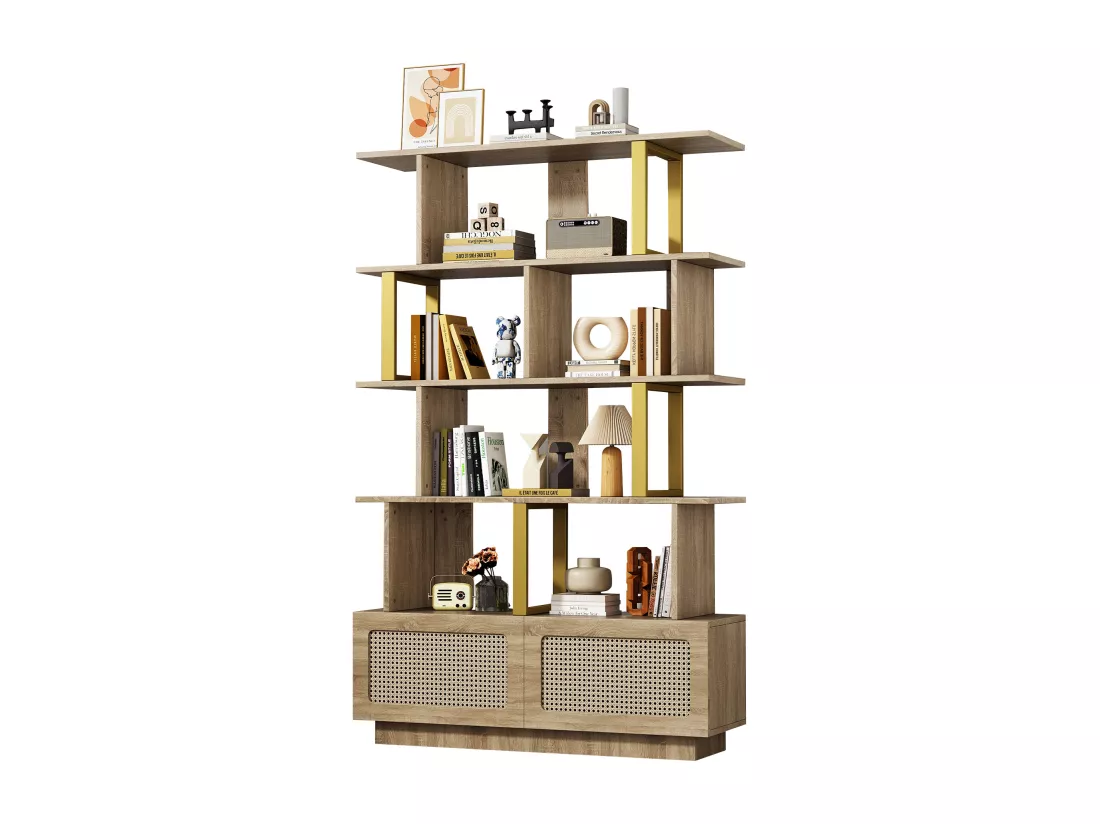 Bibliothèque avec 2 portes en rotin et étagères ouvertes - 105 x 31,7 x 160 cm - Panneaux de particules et métal - Chêne