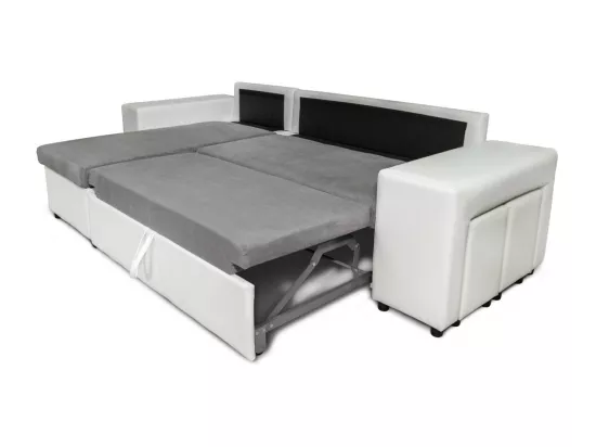 Canapé d'angle réversible Mady bimatière gris/blanc avec coffre accoudoir étagère et poufs droit - L254 x P146 x H81cm - Loungitude