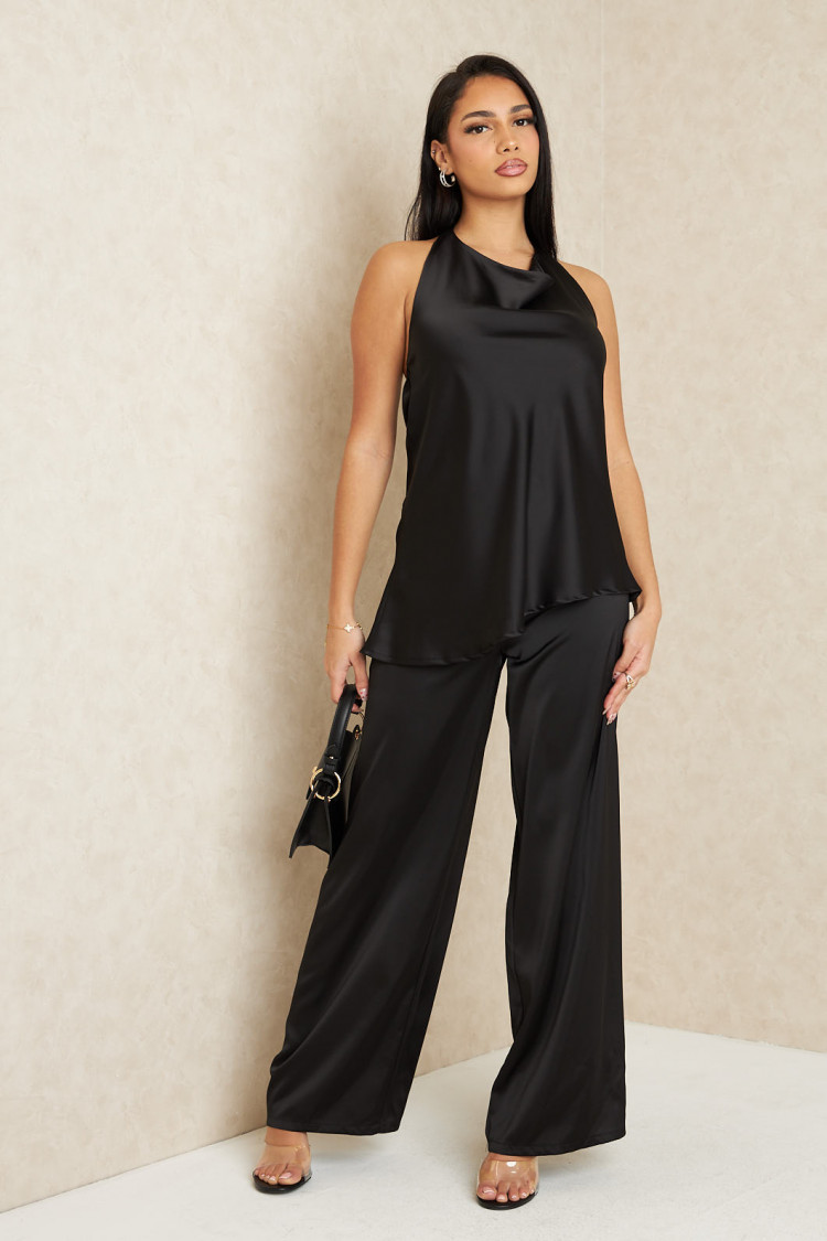 Ensemble 2 pièces top + pantalon satiné noir