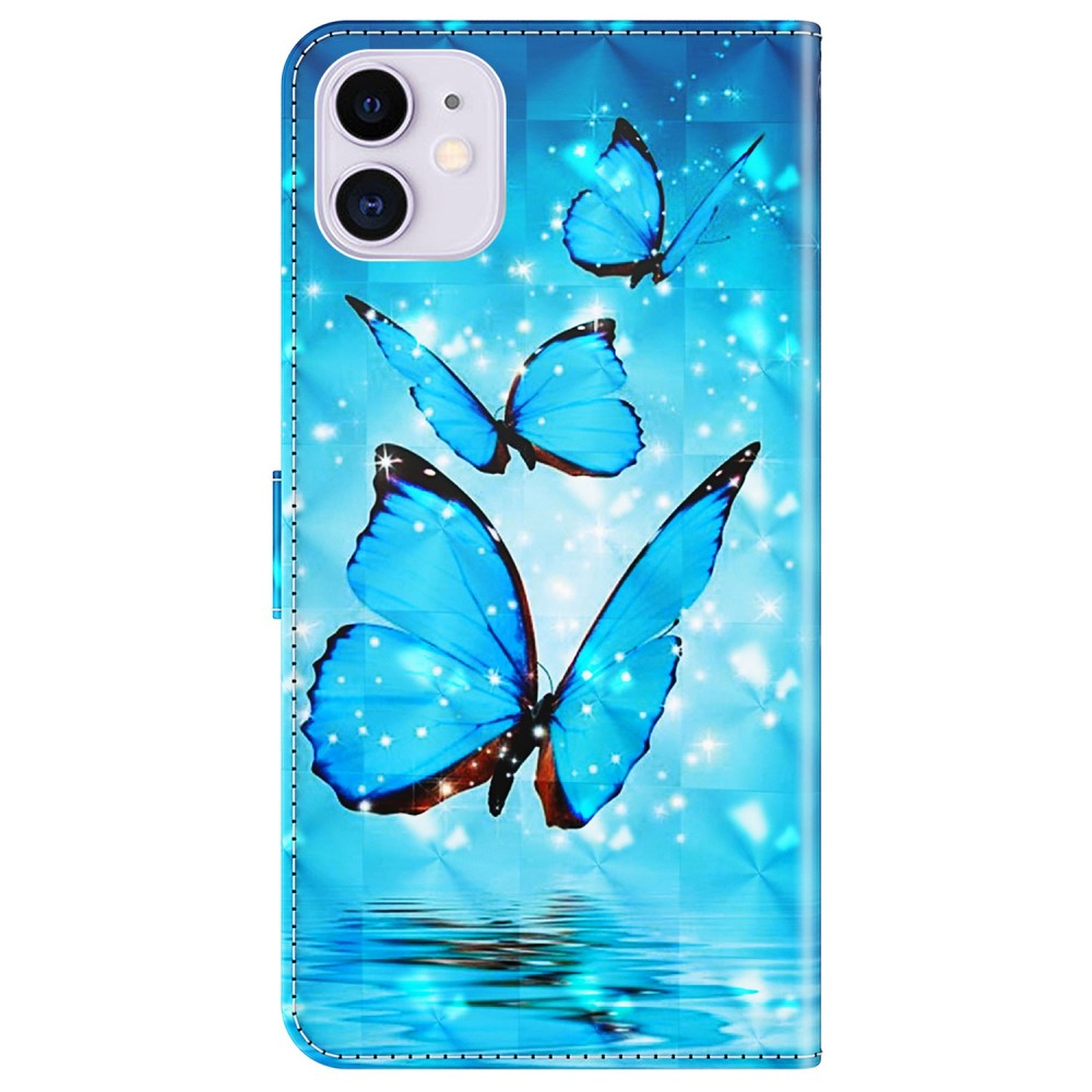 iPhone 14 Leder Tasche mit Kartenfach   Handschlaufe - Schmetterling (Blau)