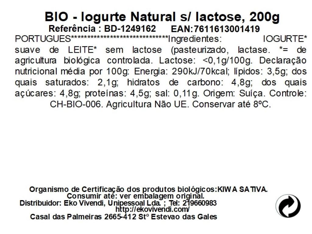 IOGURTE NATURAL BIEDERMANN SEM LACTOSE BIO 200 G