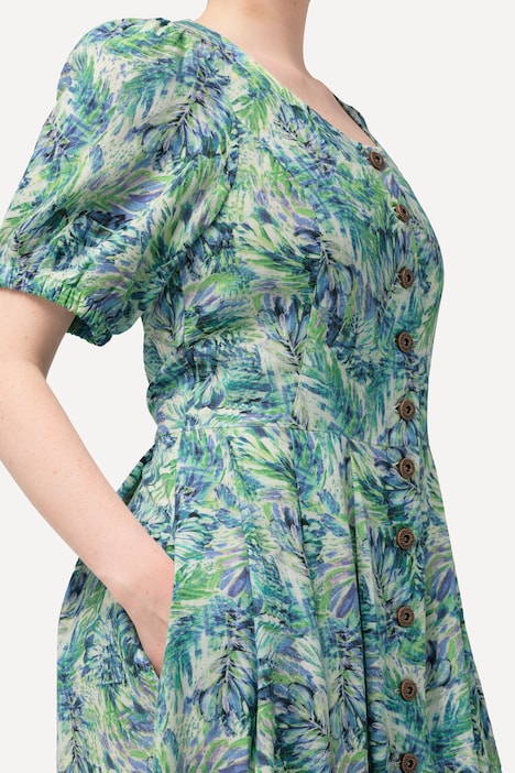 Kleid, Blätter, Leinenmix, Rundhals, Halbarm