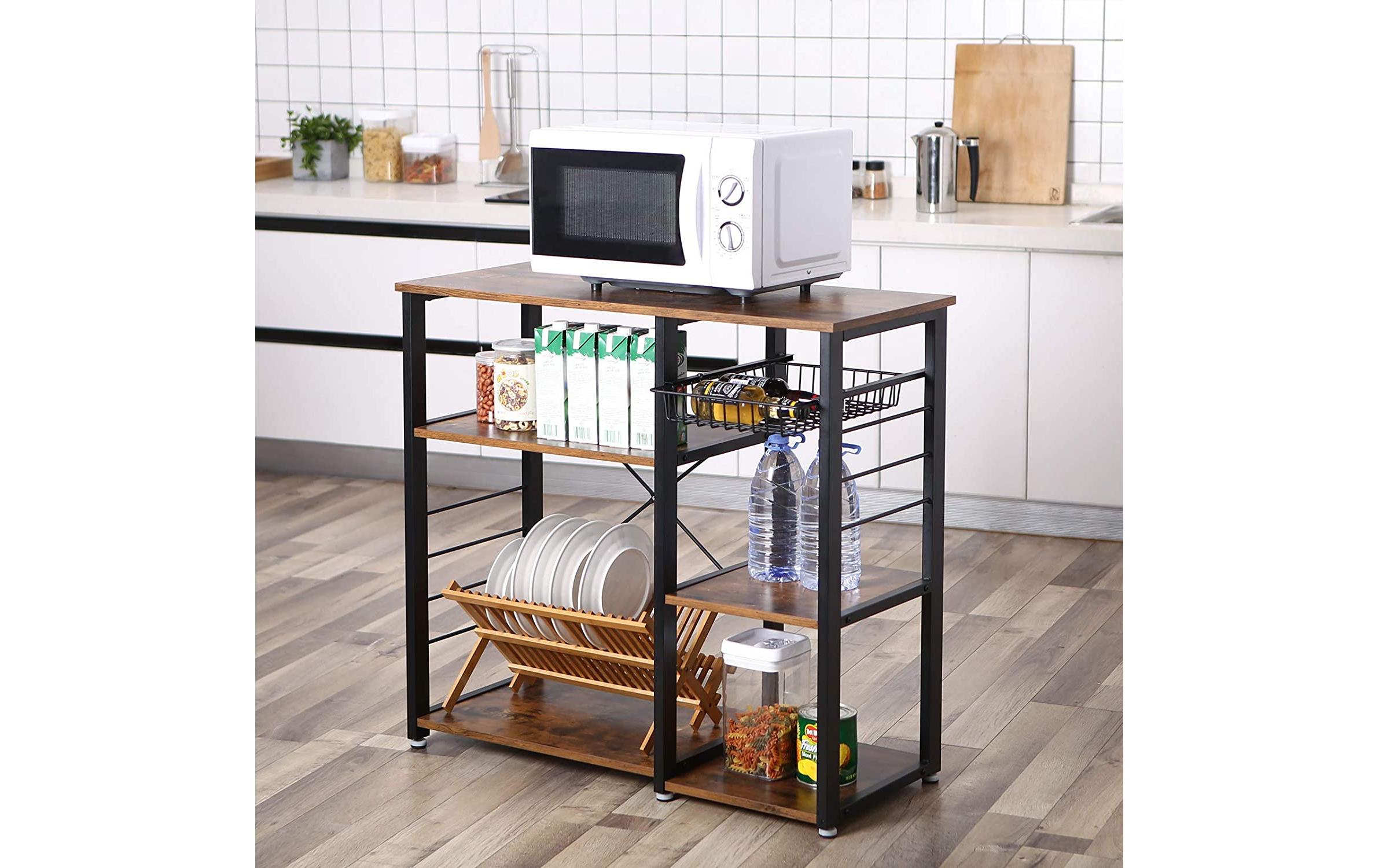 Küchenregal mit Drahtkorb 90 x 84 cm, Braun/Schwarz<br>Regal mit verschiedenen Ablagen