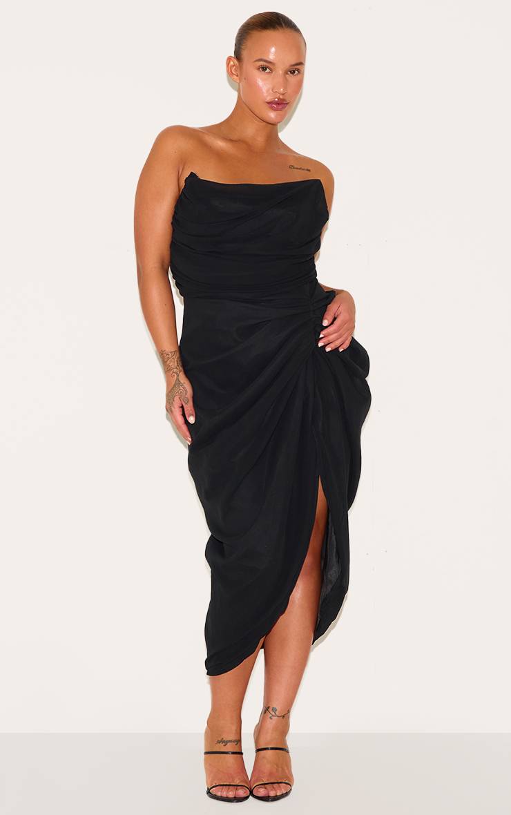 Deep Black Robe Midi Drapée À Corset Bandeau En Mousseline Grande Taille