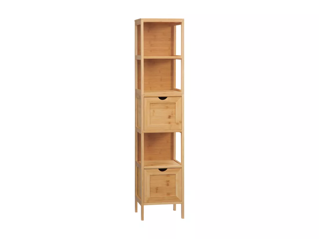 Meuble colonne rangement salle de bain bambou design cosy naturel 2 tiroirs 3 niches H. 140 cm
