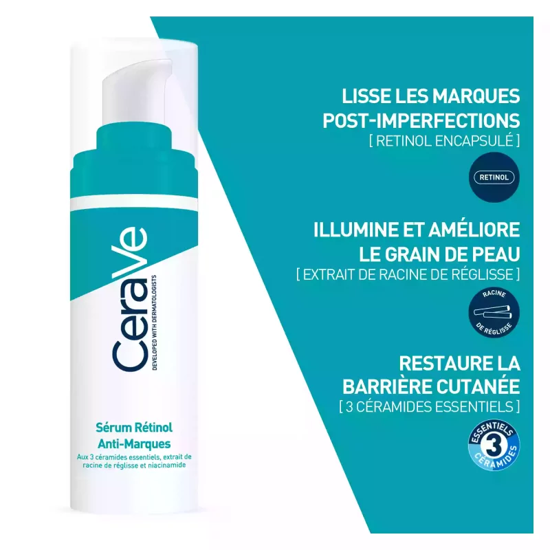 Sérum Rétinol Anti-Marques enrichi au Rétinol encapsulé et aux 3 céramides essentiels - Cerave - 30ml