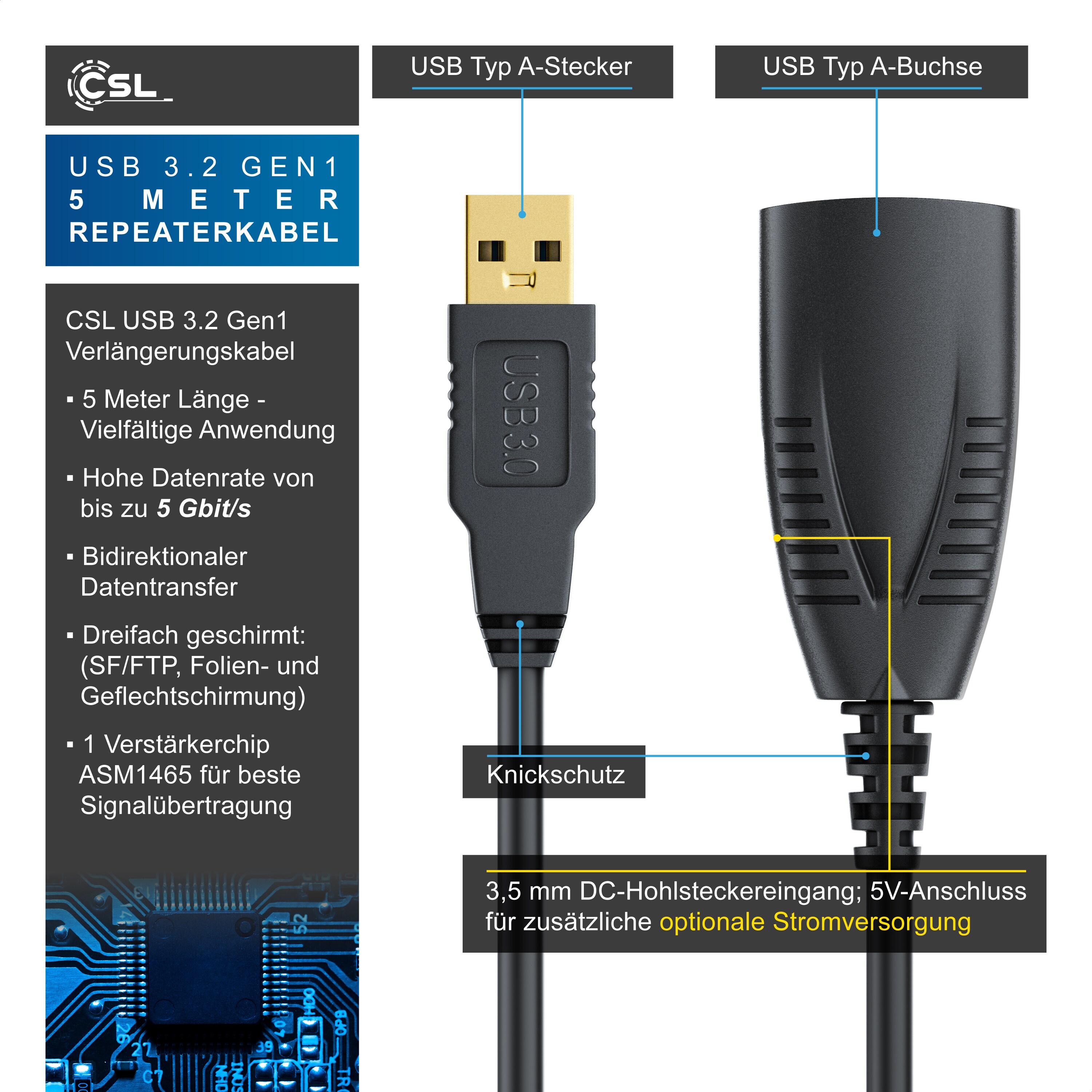 CSL USB 3.0 Typ A Verlängerungskabel, Aktives Repeater Kabel mit Signalverstärkung - 5m