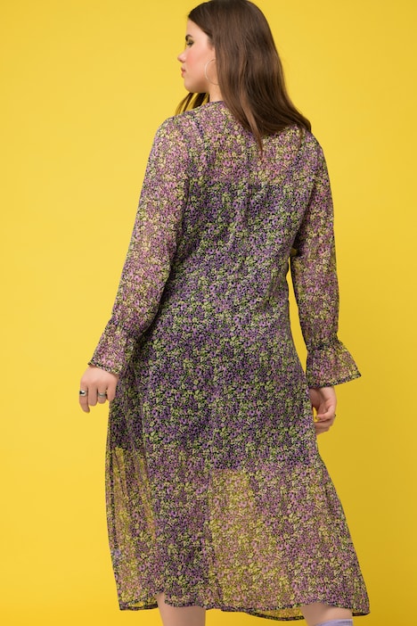 Maxikleid, A-Line, Chiffon, Minimal Blumen, V-Ausschnitt, Langarm