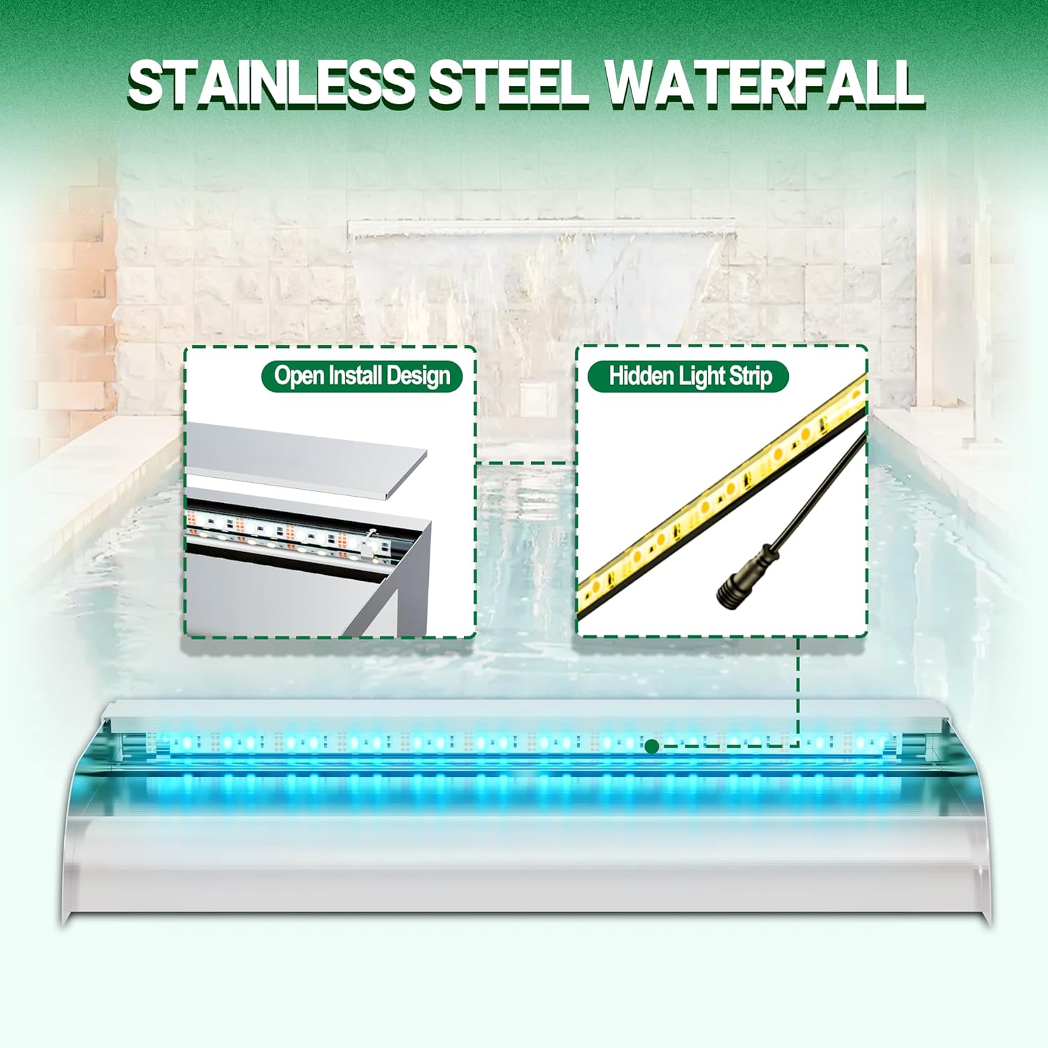 Longrun 90cm Teich Wasserfall Klingen Set, 304 Edelstahl Gebogener Wasserfall mit 7 Farben LED und Fernbedienung, Breite 25.5cm