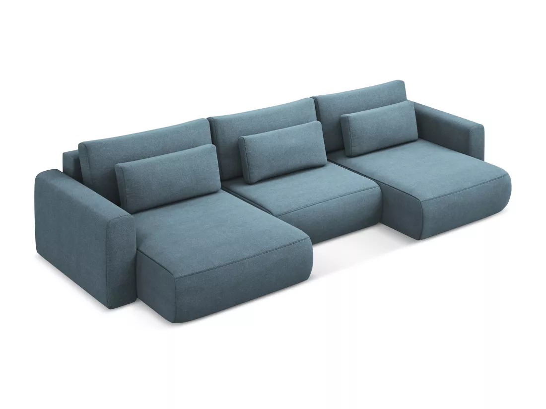 Canapé d'angle panoramique convertible en tissu texturé - bleu clair - KAPUA