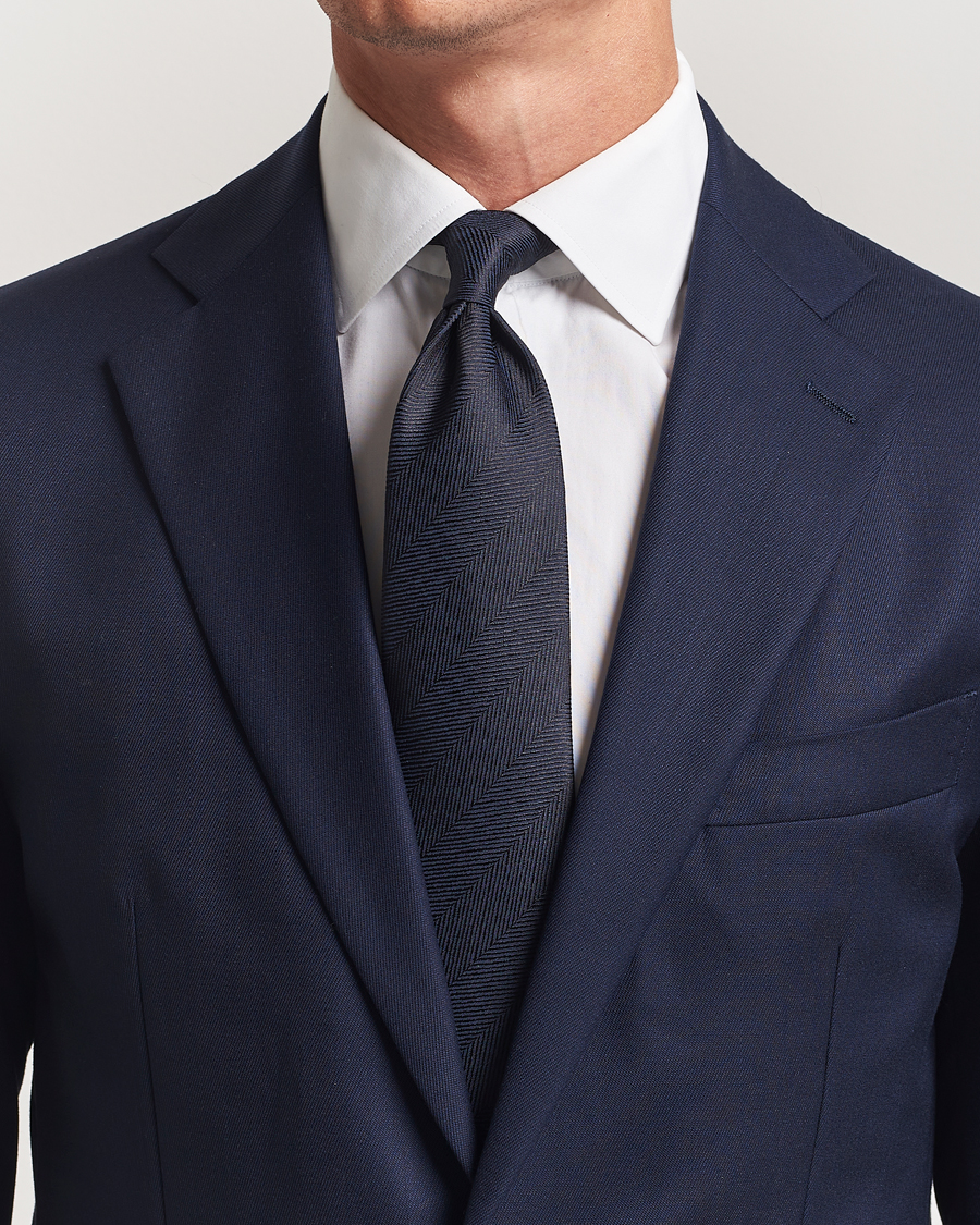 Brioni Herringbone Silk Tie Navy