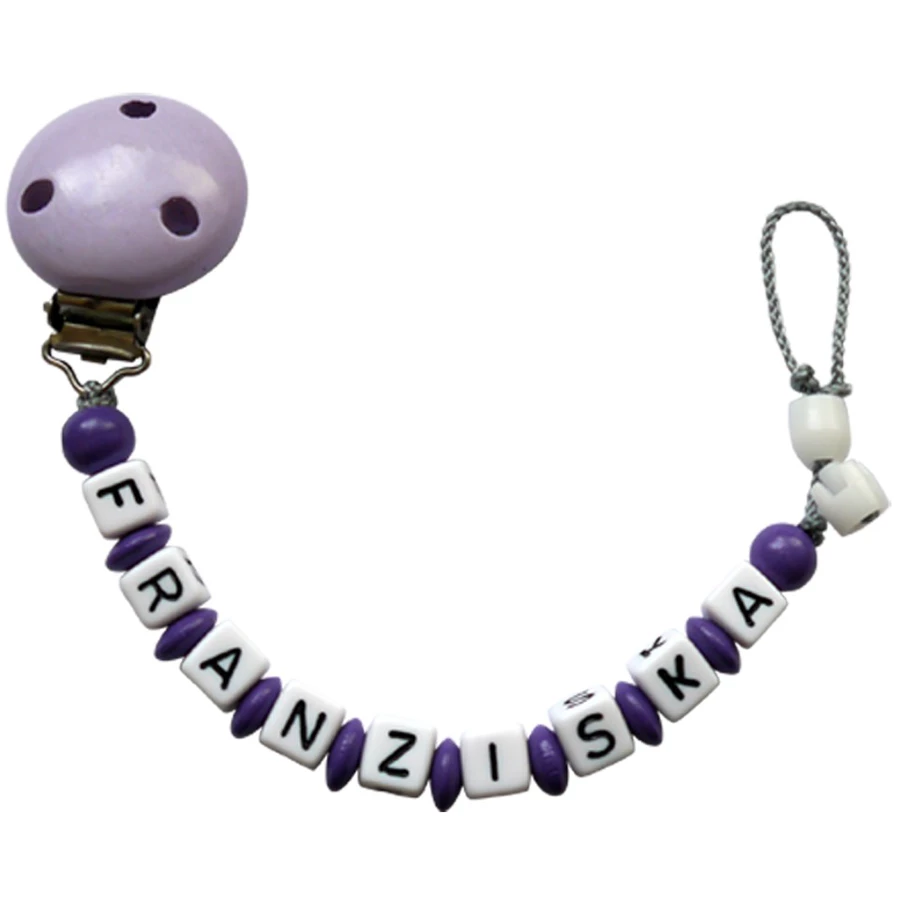 Schnullireich Schnullerkette mit Namen bis 9 Buchstaben (Lange Namen) Lila