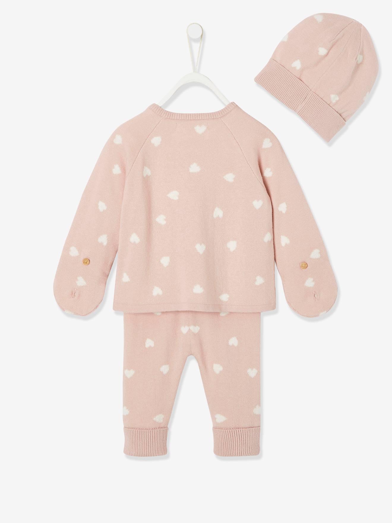 Conjunto de bebê de 3 peças: suéter + calça + gorro + luvas, estampa rosa claro