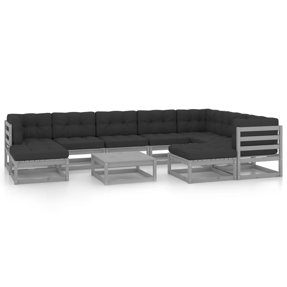 Salon de jardin meuble d'extérieur ensemble de mobilier 10 pièces avec coussins gris bois de pin massif