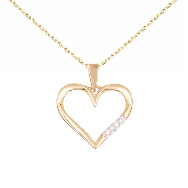 Collier - Pendentif Or Jaune et Diamants - Motif Coeur - Chaine Dorée