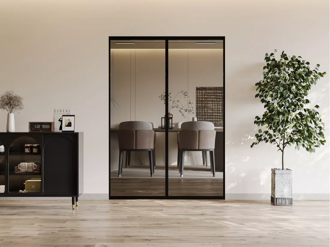 Porte coulissante double avec système à galandage - aluminium et verre trempé fumé - 2 x H205 x L93 cm - LINCI II